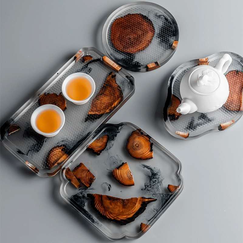 Resin Pine Tray Pot Tray Household Tea Table Solid Wood Simple Office Small Tea Tray Single Layer Tea Set Tea Ceremony