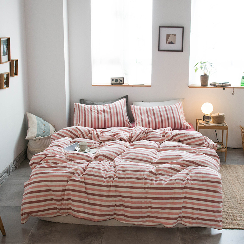 Four-Piece Bedding Set Simple Simple Plaid Washed Cotton Bed Sheet Quilt Cover Homestay Hotel