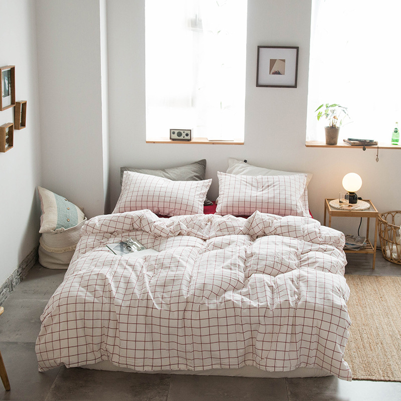Four-Piece Bedding Set Simple Simple Plaid Washed Cotton Bed Sheet Quilt Cover Homestay Hotel
