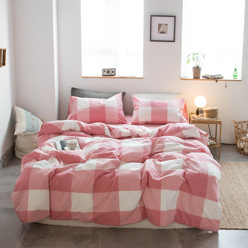 Four-Piece Bedding Set Simple Simple Plaid Washed Cotton Bed Sheet Quilt Cover Homestay Hotel
