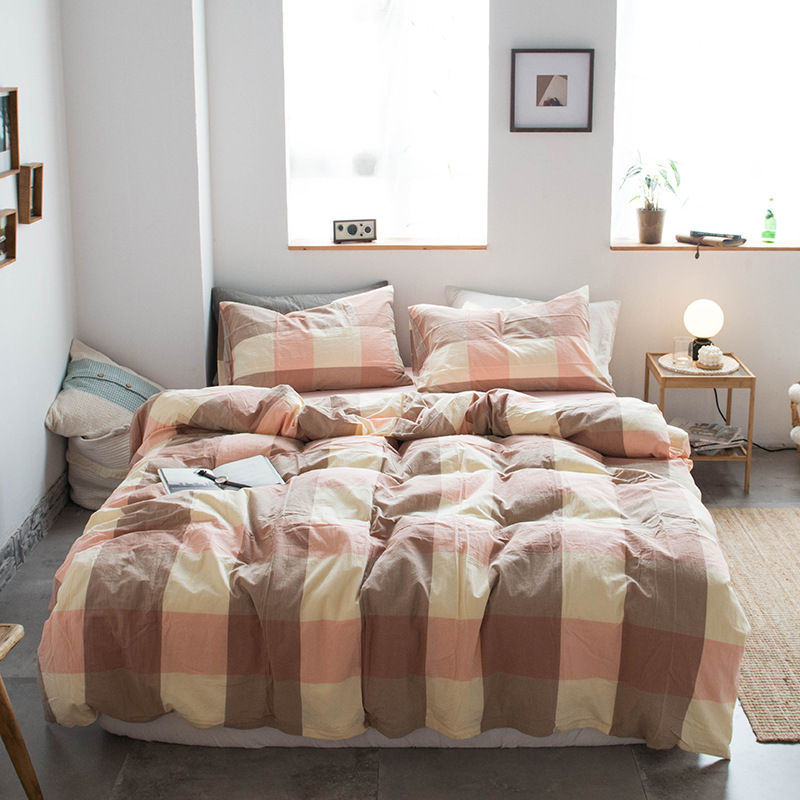 Four-Piece Bedding Set Simple Simple Plaid Washed Cotton Bed Sheet Quilt Cover Homestay Hotel
