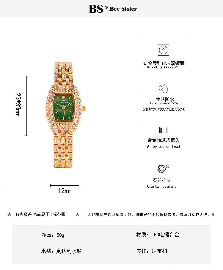 BS New Arrival Hot Sale Watch Factory Direct Sales Foreign Trade Linked List Customization Women's Watch Full of Diamonds One Piece Dropshipping Fa1595