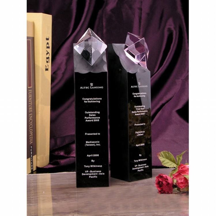 Custom crystal trophy provided with a price list with photo collections available from stock