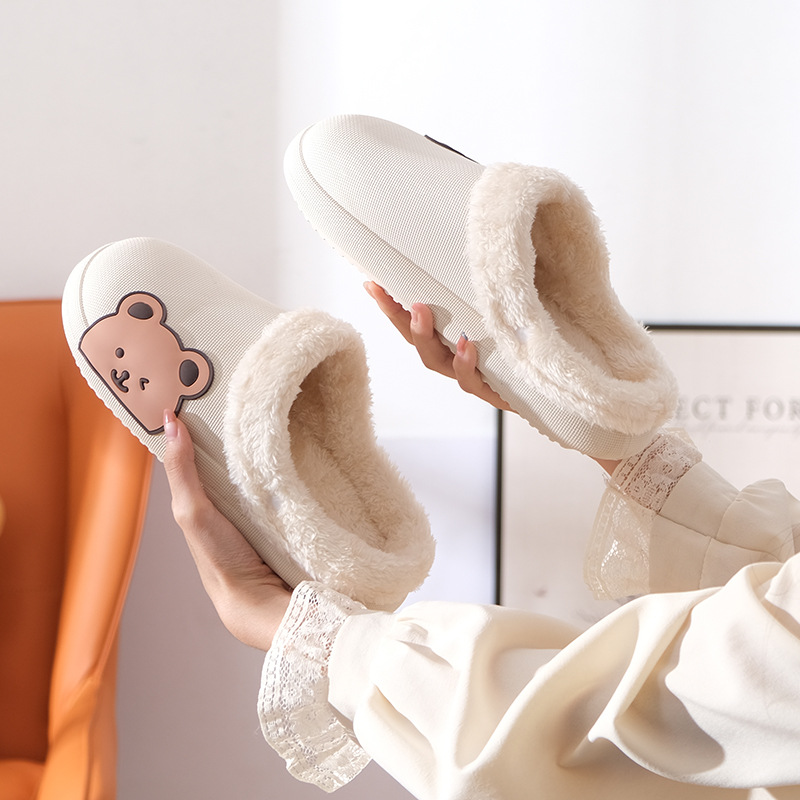 Cute Cartoon Bear Woolen Slipper Autumn and Winter Couple Household Bedroom and Household Soft Bottom Warm Keeping Cotton Slippers
