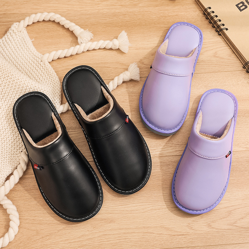 2021 New Autumn and Winter Solid Color Leather Slippers Women&#039;s Home Indoor Non-Slip Thick Bottom and Warm Keeping Woolen Slipper Floor Slippers