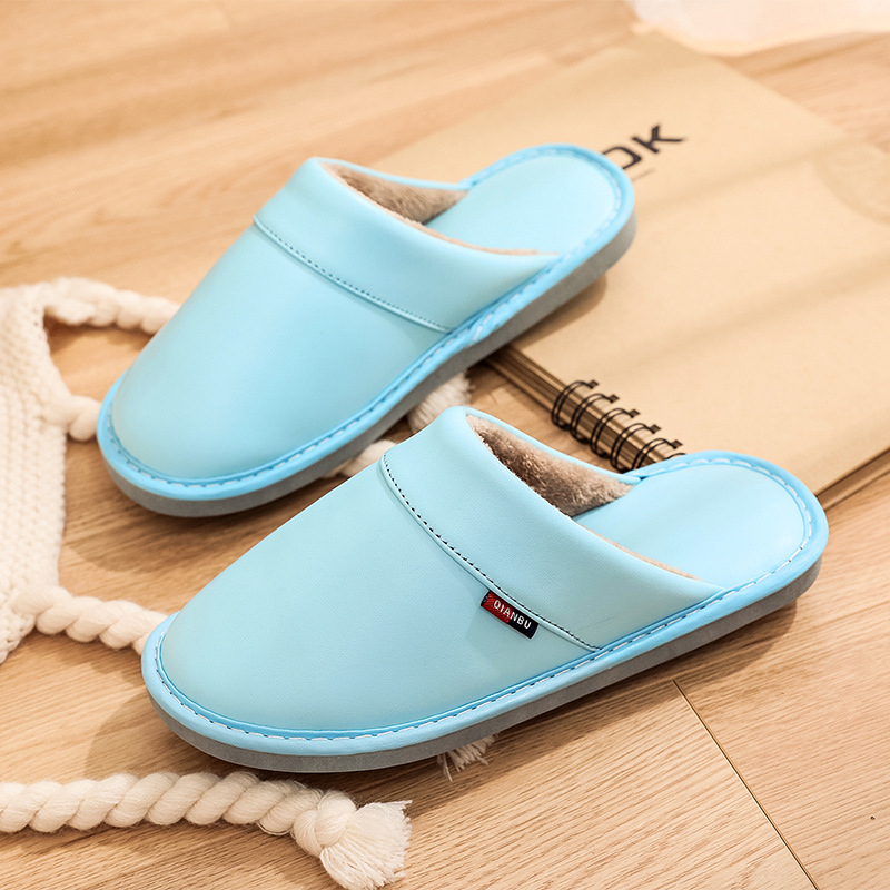 2021 New Autumn and Winter Solid Color Leather Slippers Women&#039;s Home Indoor Non-Slip Thick Bottom and Warm Keeping Woolen Slipper Floor Slippers
