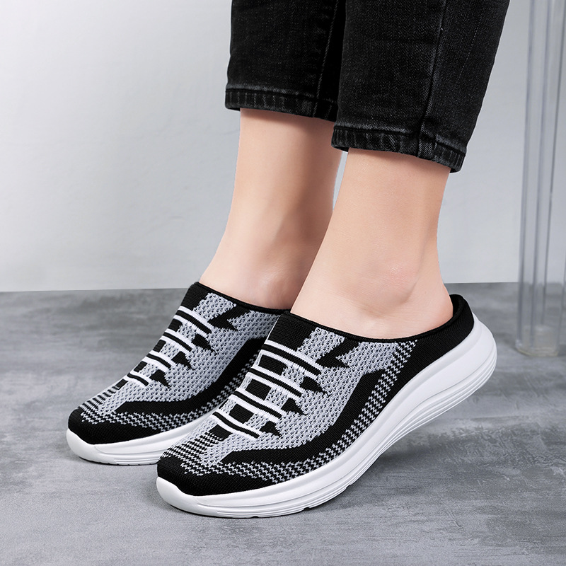 Semi Slipper Women&#039;s Shoes New Spring Summer Outerwear 41 Fly Woven Mesh Casual Shoes 42 Breathable Slip-on Lazybones&#039; Shoes 36-43