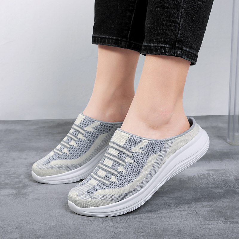 Semi Slipper Women&#039;s Shoes New Spring Summer Outerwear 41 Fly Woven Mesh Casual Shoes 42 Breathable Slip-on Lazybones&#039; Shoes 36-43