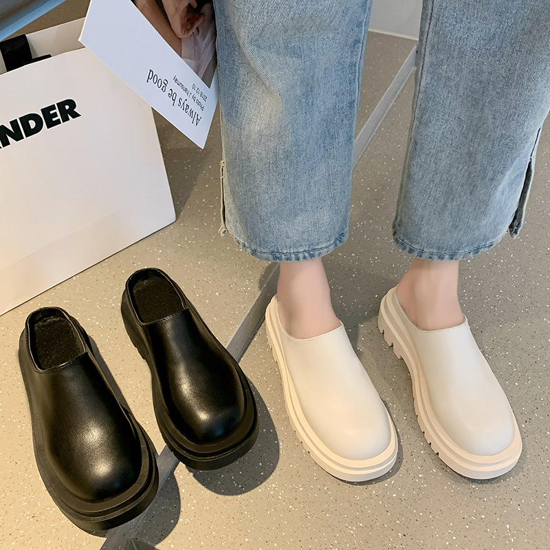 Spot 2021 European and American New Toe Cap Semi Slipper Women's round Head Thick Bottom PU Leather Slippers One Piece Dropshipping Spot 2021 European and American New Toe Cap Semi Slipper Women's round Head Thick Bottom PU Leather Slippers One Piece Dropshipping