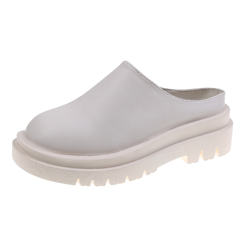 Spot 2021 European and American New Toe Cap Semi Slipper Women&#039;s round Head Thick Bottom PU Leather Slippers One Piece Dropshipping