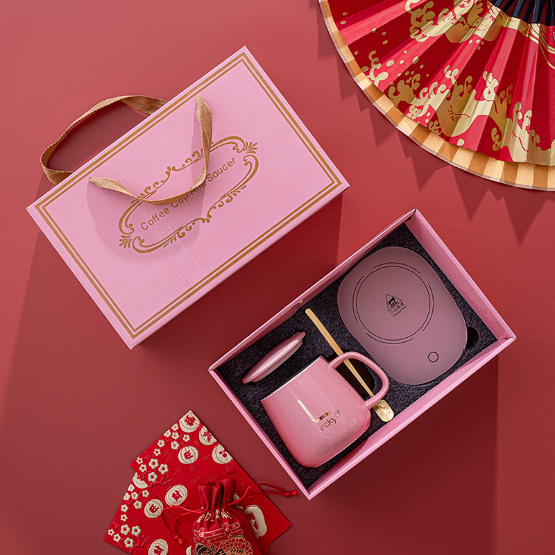 Warm Cup Gift Box Constant Temperature 55 Degrees Mug with Cover Spoon Coffee Cup Ceramic Heating Coaster Business Gifts
