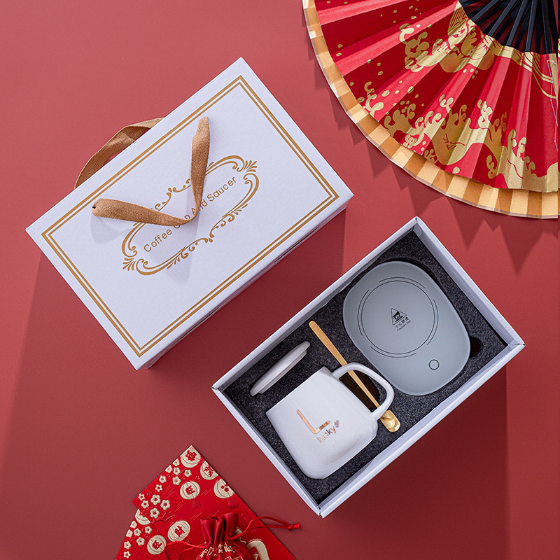 Warm Cup Gift Box Constant Temperature 55 Degrees Mug with Cover Spoon Coffee Cup Ceramic Heating Coaster Business Gifts
