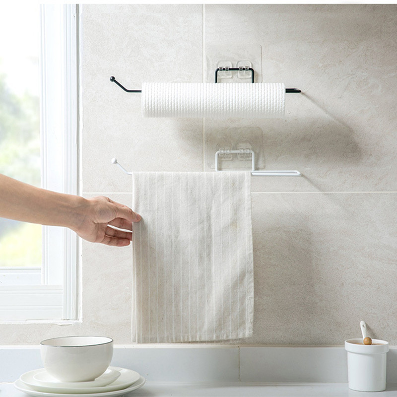 Kitchen Towel Rack Punch-Free Plastic Lazy Rag Stand Traceless Roll Paper Plastic Wrap Wall Mount Storage Shelf