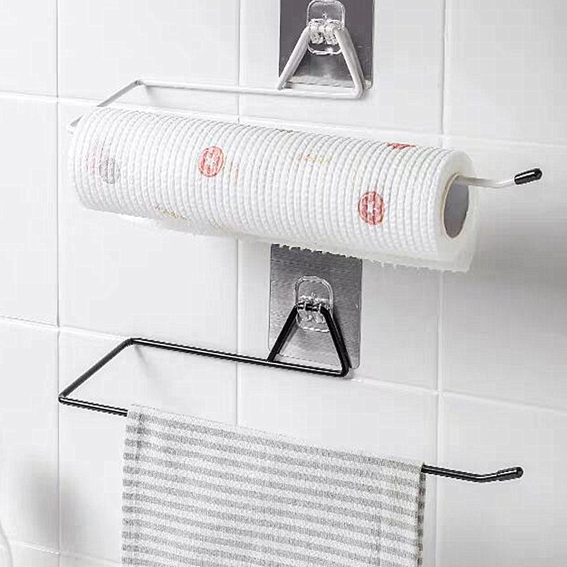Kitchen Towel Rack Punch-Free Plastic Lazy Rag Stand Traceless Roll Paper Plastic Wrap Wall Mount Storage Shelf