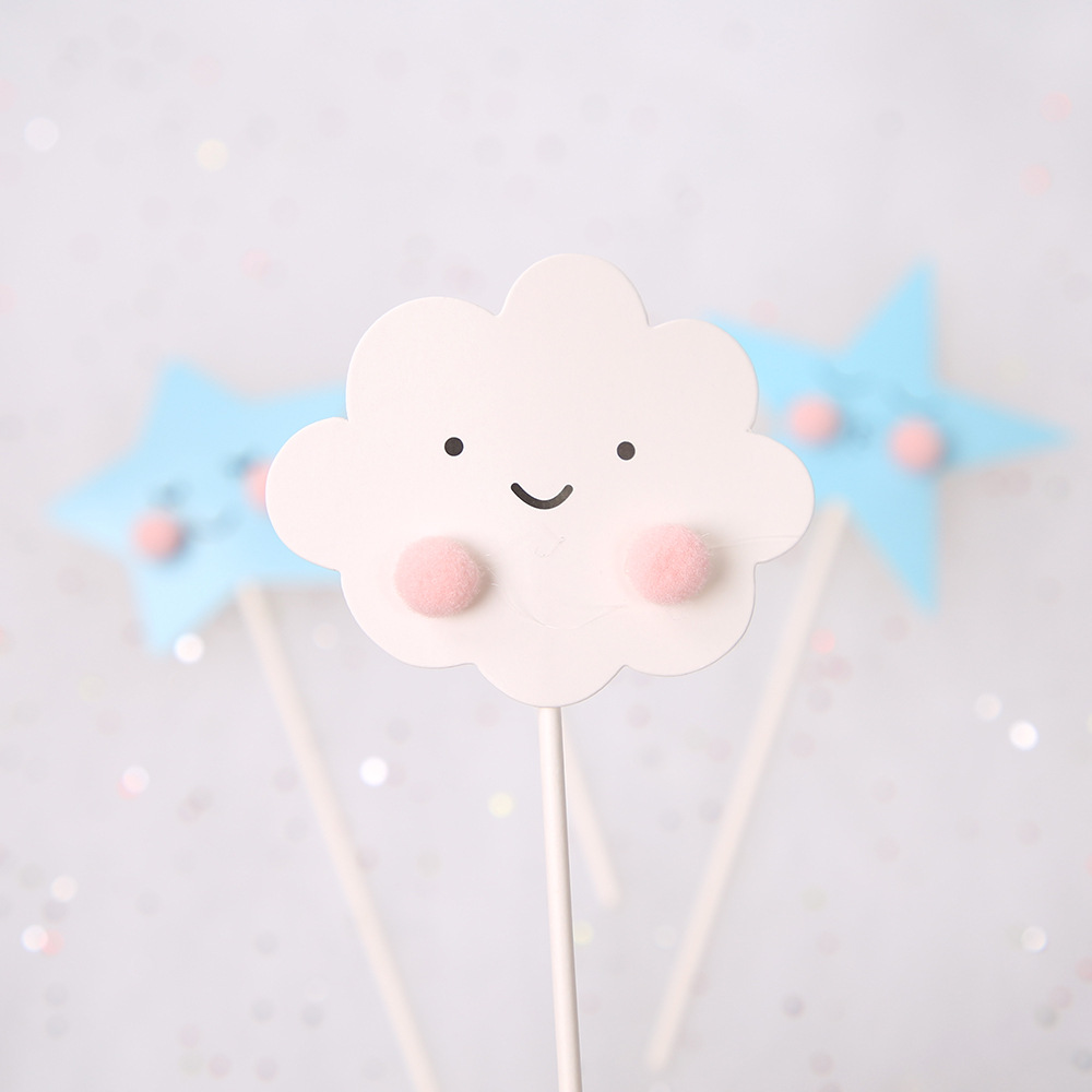 Cute fur ball cloud star cake decoration card smiling face cloud birthday cake decoration card dessert table decoration card