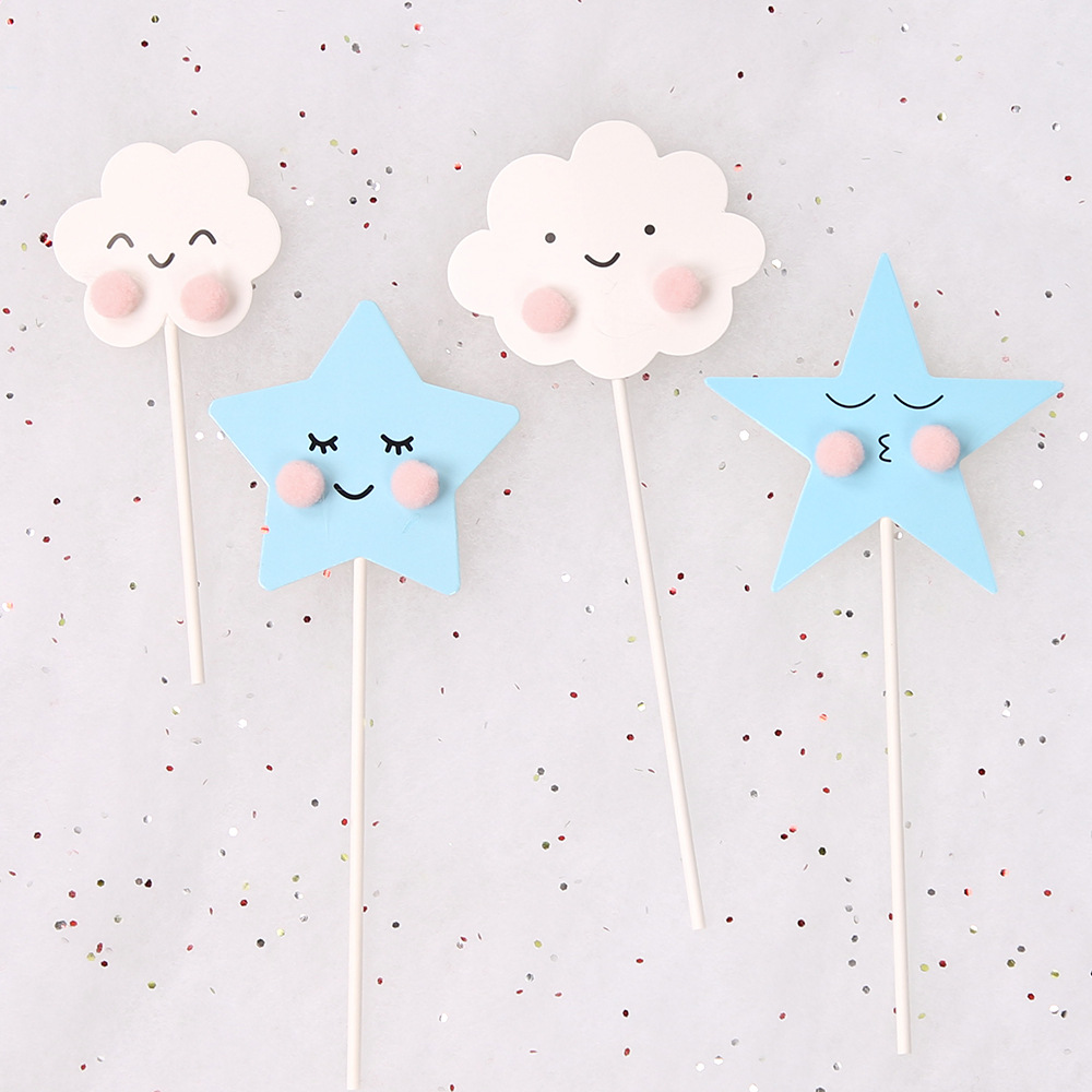 Cute fur ball cloud star cake decoration card smiling face cloud birthday cake decoration card dessert table decoration card