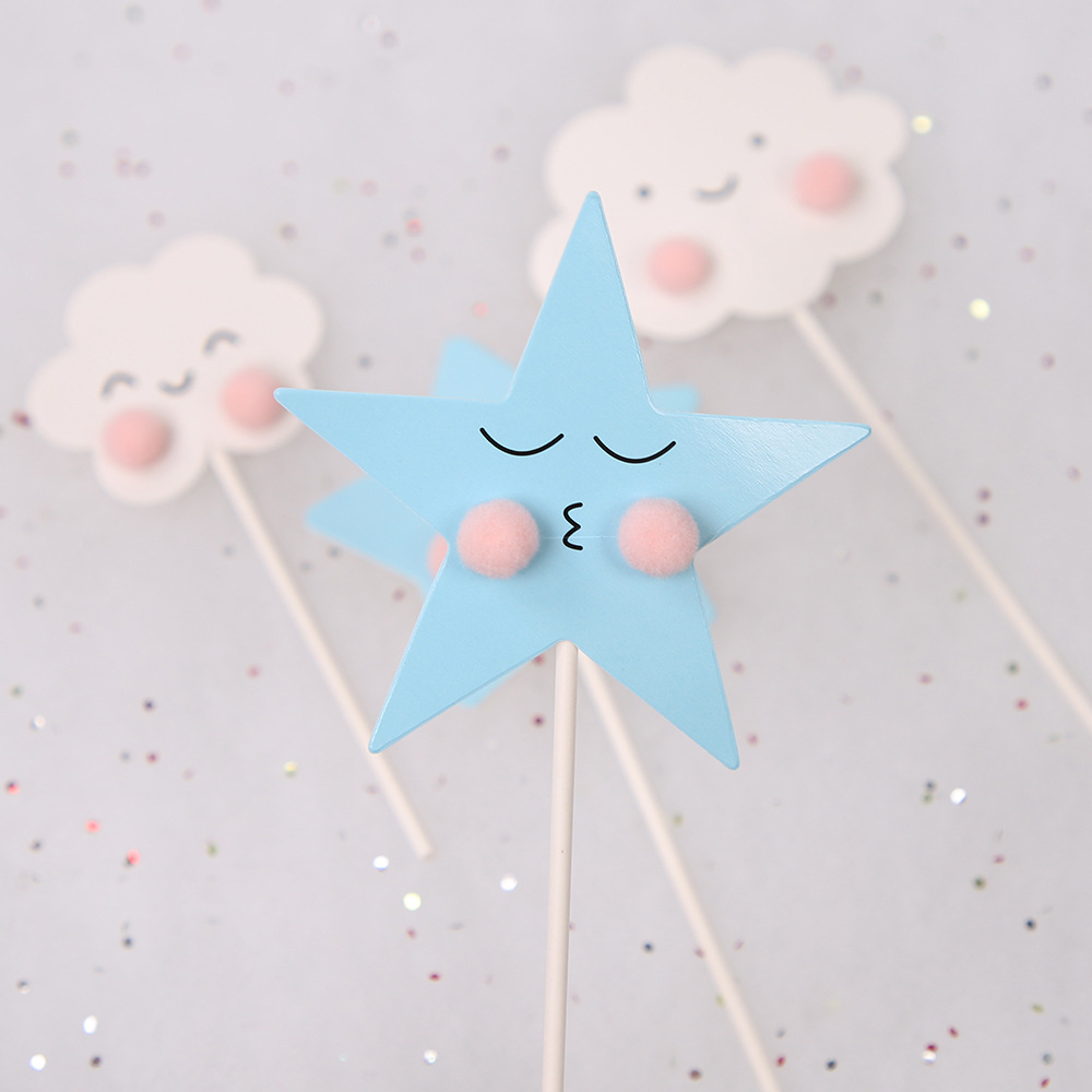 Cute fur ball cloud star cake decoration card smiling face cloud birthday cake decoration card dessert table decoration card