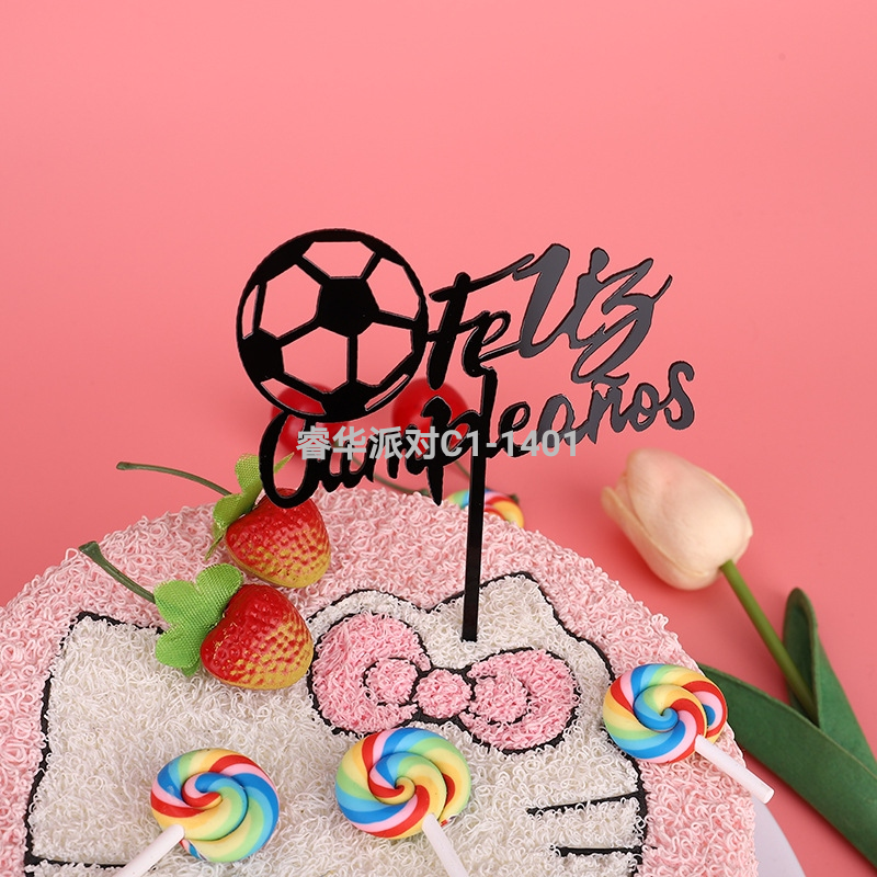 Creative Football Cake Ornaments Spanish Happy Birthday Decorative Card Birthday Cake Dessert Table Acrylic Ornament