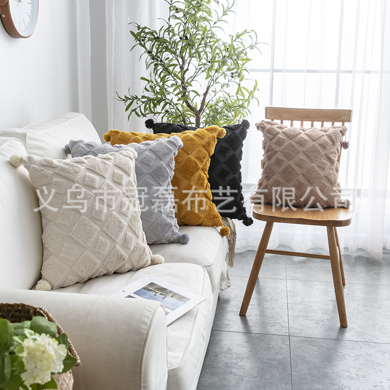 Amazon New Plush Pillow Rhombic Sewing Rabbit Fur Ball Pillow Cover Sofa Bed Head Back Pillow Home Cushions
