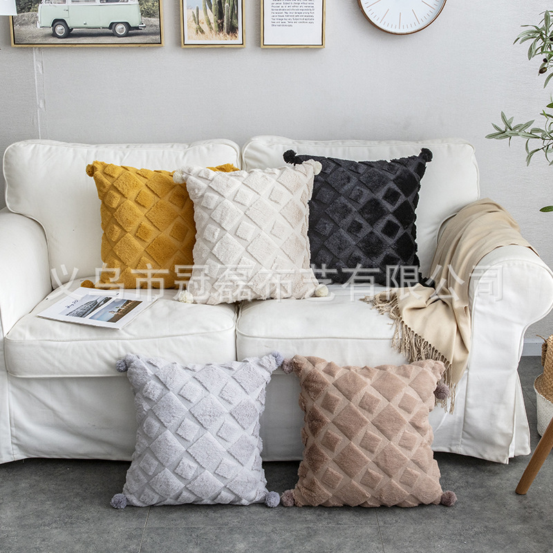 Amazon New Plush Pillow Rhombic Sewing Rabbit Fur Ball Pillow Cover Sofa Bed Head Back Pillow Home Cushions