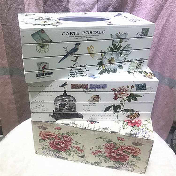 Promotional Simple Spot Korean Style Pastoral Furniture White Wooden Printed Tissue Box Ornaments