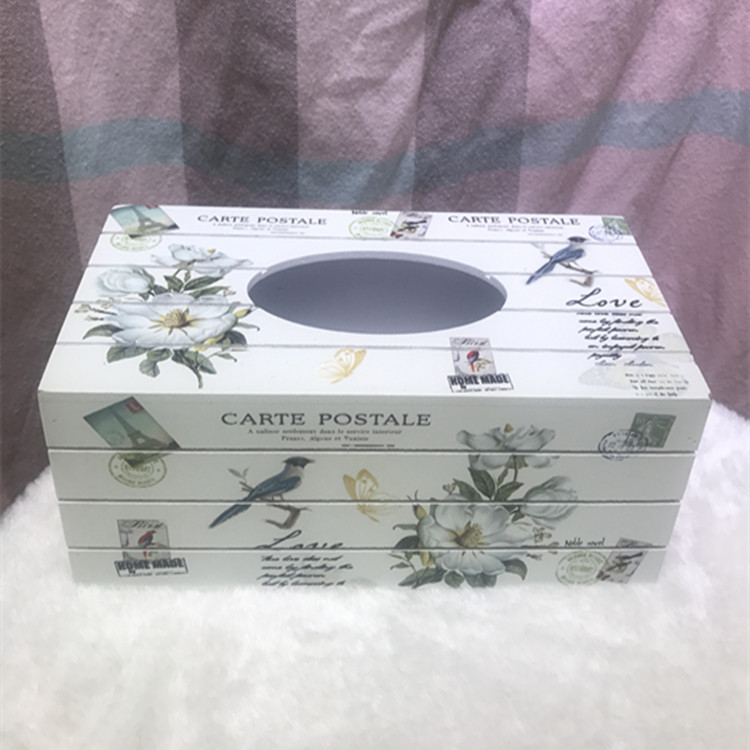 Promotional Simple Spot Korean Style Pastoral Furniture White Wooden Printed Tissue Box Ornaments