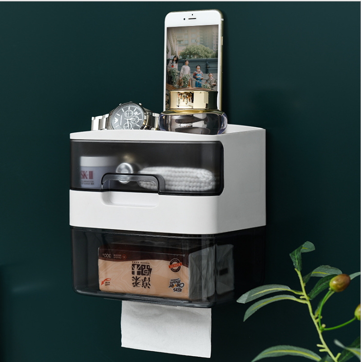 Wall-Mounted Tissue Box Mobile Phone Holder Household Toilet Waterproof Punch-Free Bathroom Drawer Roll Stand