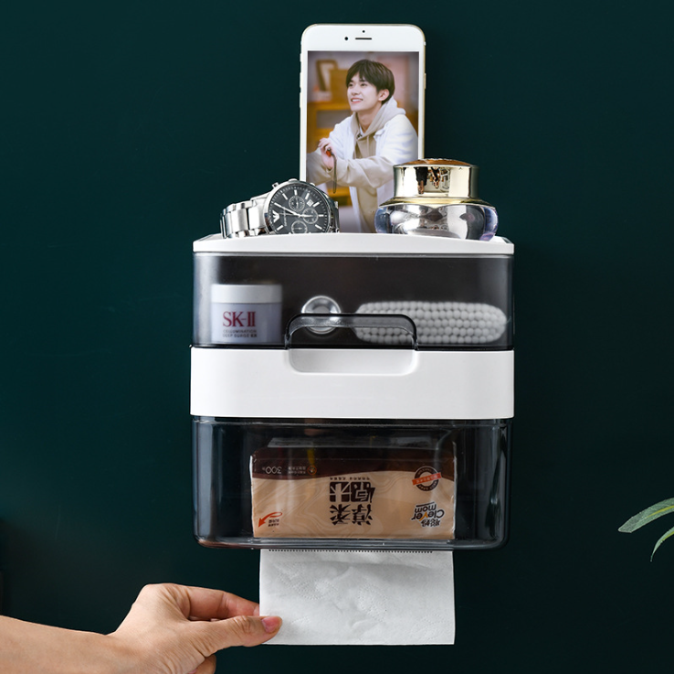 Wall-Mounted Tissue Box Mobile Phone Holder Household Toilet Waterproof Punch-Free Bathroom Drawer Roll Stand