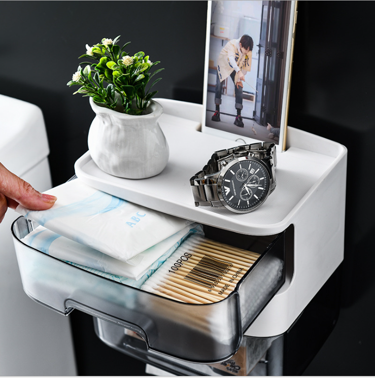 Wall-Mounted Tissue Box Mobile Phone Holder Household Toilet Waterproof Punch-Free Bathroom Drawer Roll Stand