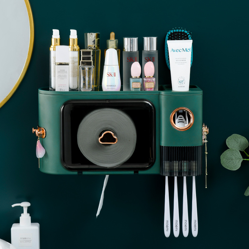 Multifunctional Toothbrush Rack Tissue Box Roll Paper Bathroom Wall-Mounted Storage Box