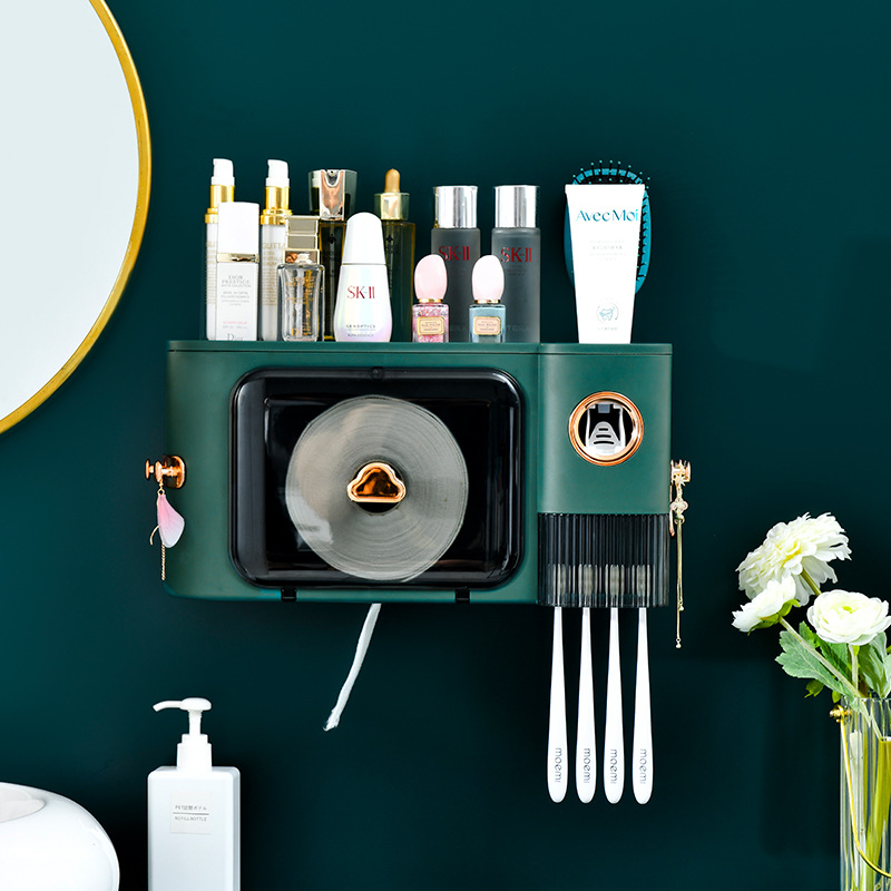 Multifunctional Toothbrush Rack Tissue Box Roll Paper Bathroom Wall-Mounted Storage Box