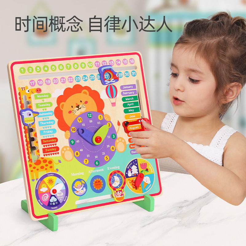 Children&#039;s Wooden Early Education Educational Calendar Learning Clock Cognition Season Weather English Month Enlightenment Toy