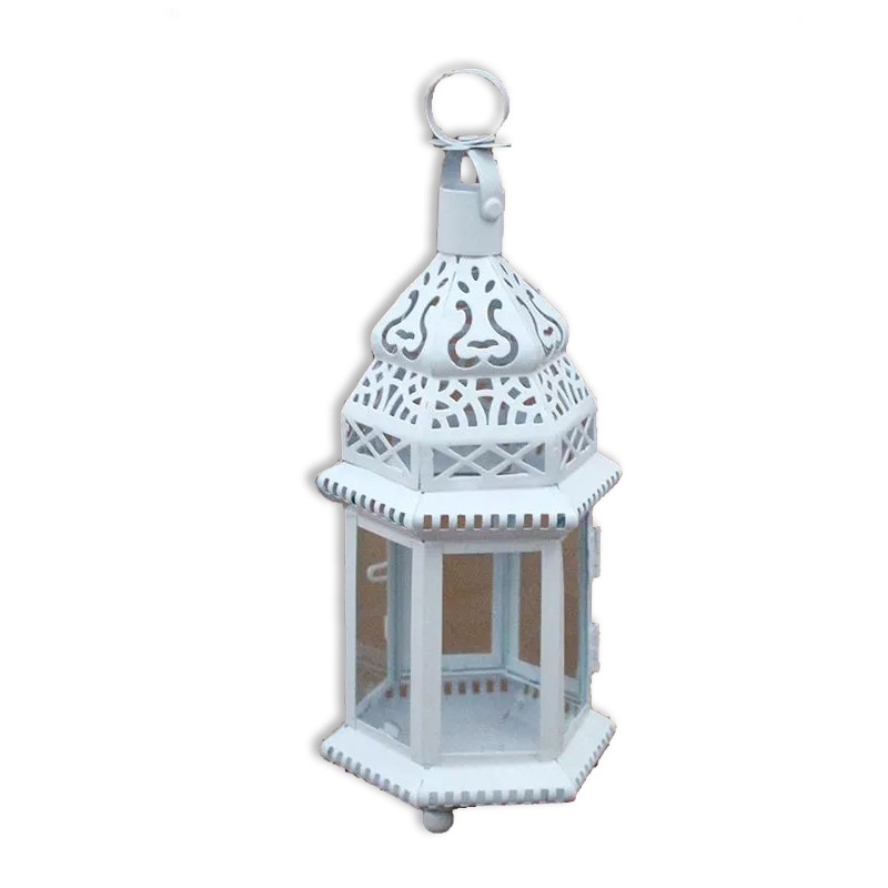 European Style Castle Classical Candlestick Hollow Iron Art Glass Lantern Moroccan Romantic Wedding Home Decoration Ornaments