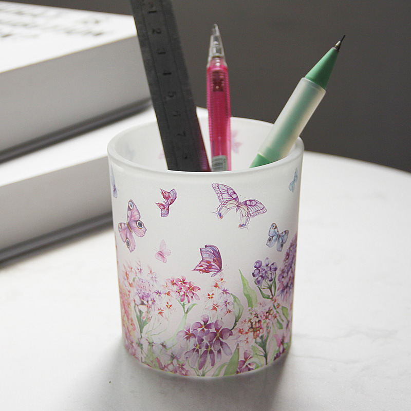 New Romantic Purple Butterfly Printed Glass Candlestick Ornament Furnishing DIY Incense Candle Empty Cup