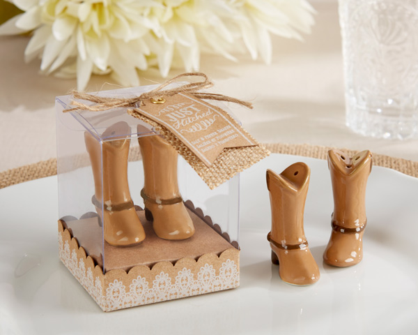 New!!&#034;Just Hitched&#034; Ceramic Cowboy Boot Salt and Pepper Shakers Wedding Favors and Gifts 