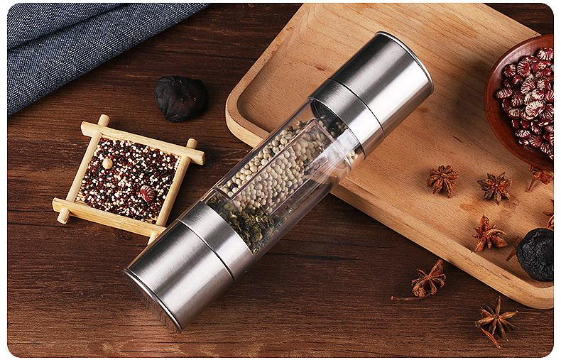 Stainless Steel Manual Pepper Grinder Household Portable Sea Salt Black Pepper Double-Headed Grinder