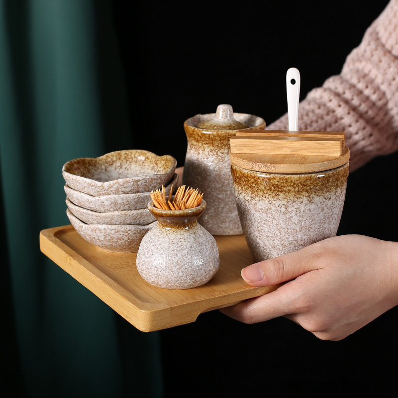 Japanese-Style Restaurant Commercial Ceramic Salt Jar Pepper Jar Soy Sauce Bottle Small Vinegar Pot Seasoning Jar Combination Set Seasoning Box