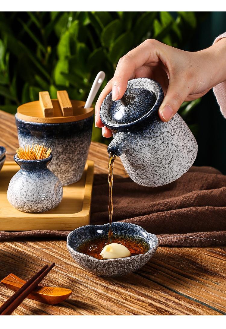 Japanese-Style Restaurant Commercial Ceramic Salt Jar Pepper Jar Soy Sauce Bottle Small Vinegar Pot Seasoning Jar Combination Set Seasoning Box