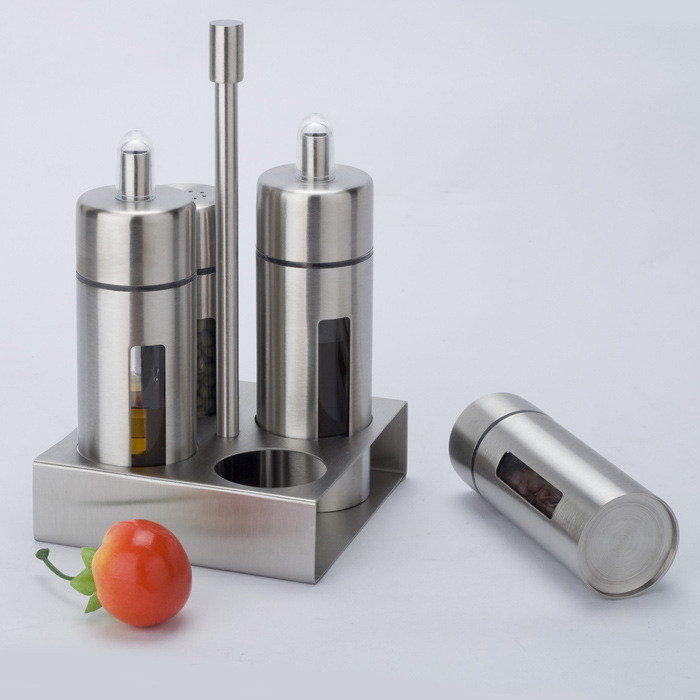 Wholesale 304 stainless steel four - head seasoning shaker set of soy sauce vinegar pepper salt shaker with handle