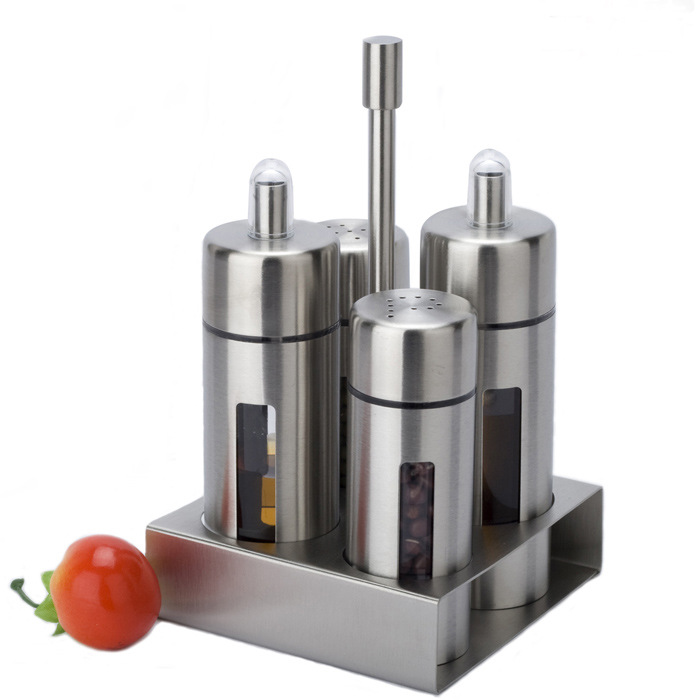 Wholesale 304 stainless steel four - head seasoning shaker set of soy sauce vinegar pepper salt shaker with handle