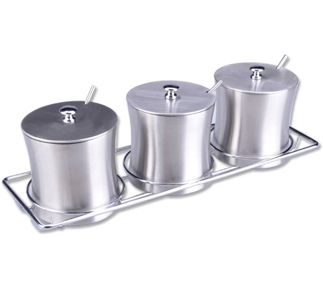 Wholesale 304 stainless steel four - head seasoning shaker set of soy sauce vinegar pepper salt shaker with handle
