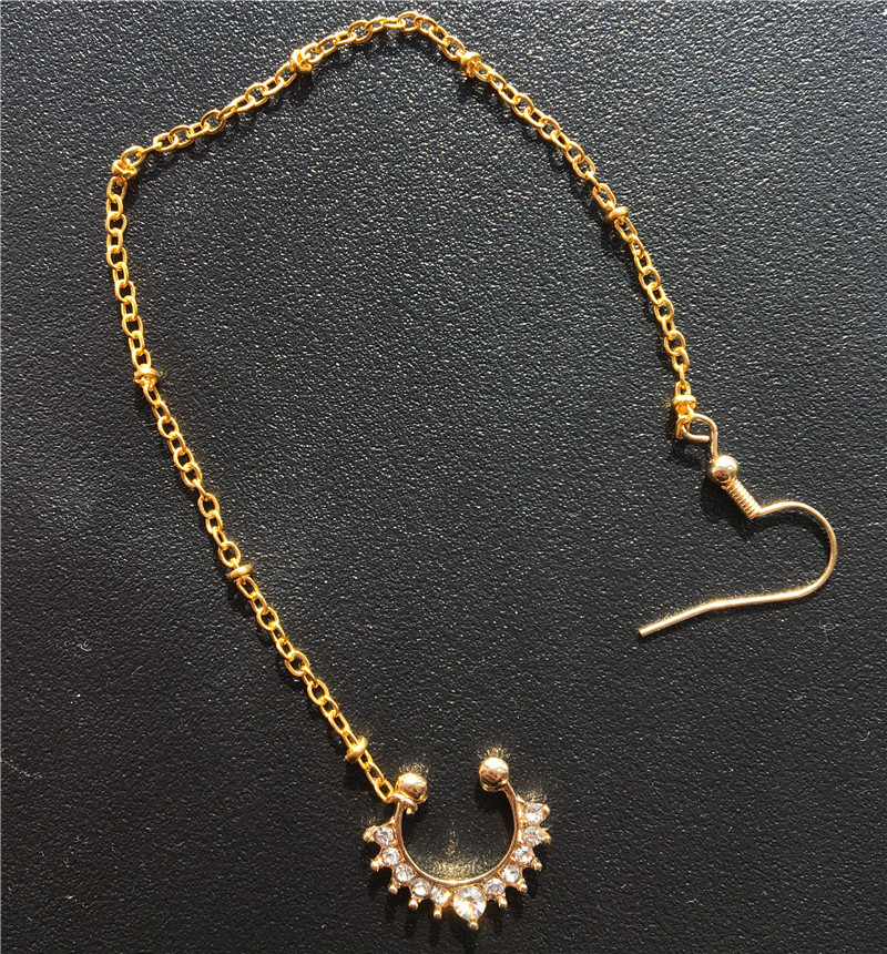 European and American Exaggerated Diamond Metal Fake Nose Ring Non-Perforated Indian Nose Ring with Chain Nose Pad Ear Chain African Ornament