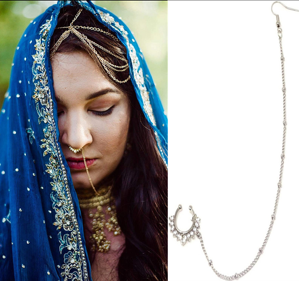 European and American Exaggerated Diamond Metal Fake Nose Ring Non-Perforated Indian Nose Ring with Chain Nose Pad Ear Chain African Ornament