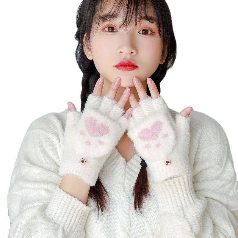 Winter Warm Jacquard Touch Screen Gloves Mink Fur Bear Corner Printed Half Finger Gloves Outdoor Writing Knitted Gloves