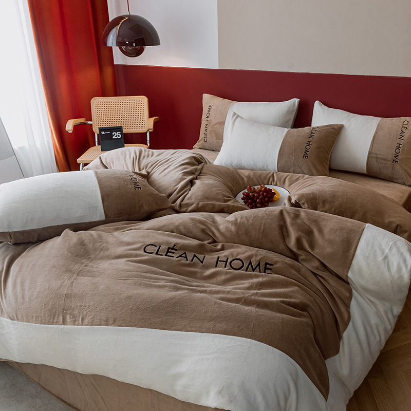 Winter Thickened Milk Fiber Four-Piece Set Light Luxury Large Corner Matching Warm Baby Velvet Four-Piece Set Double-Sided Velvet Bed Sheet Quilt Cover