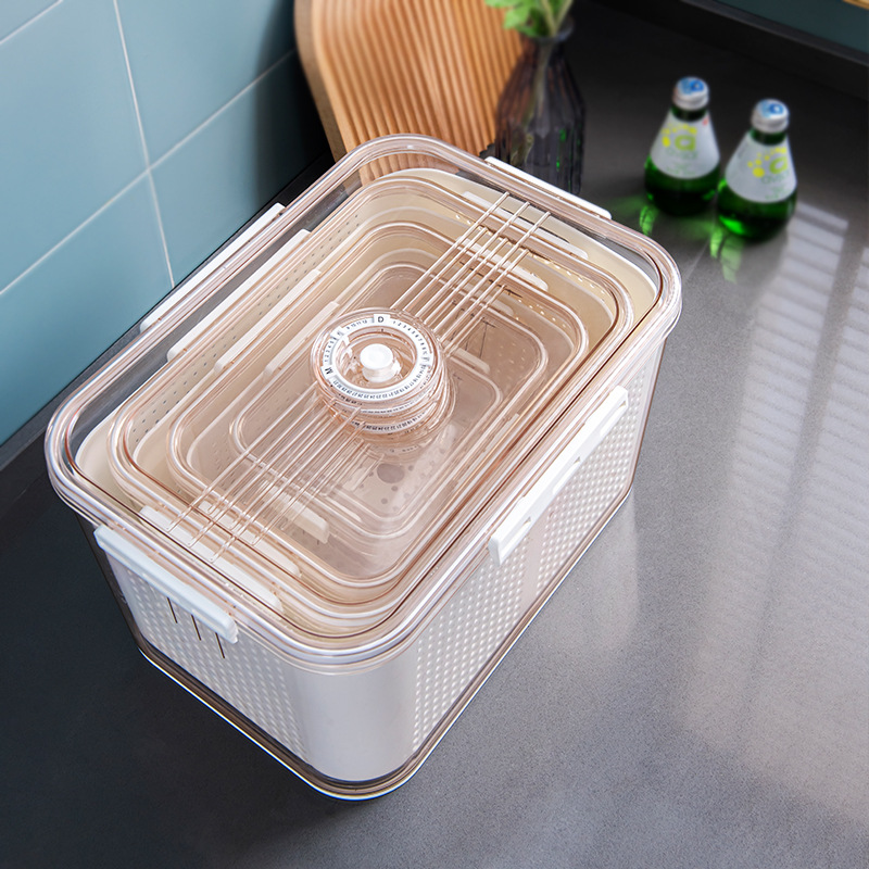 Refrigerator Storage Box Cross-Border PET Plastic Thickened Transparent Drain Basket Compartment Timing Fresh-Keeping Collection Refrigerator Storage Box Cross-Border PET Plastic Thickened Transparent Drain Basket Compartment Timing Fresh-Keeping Collection