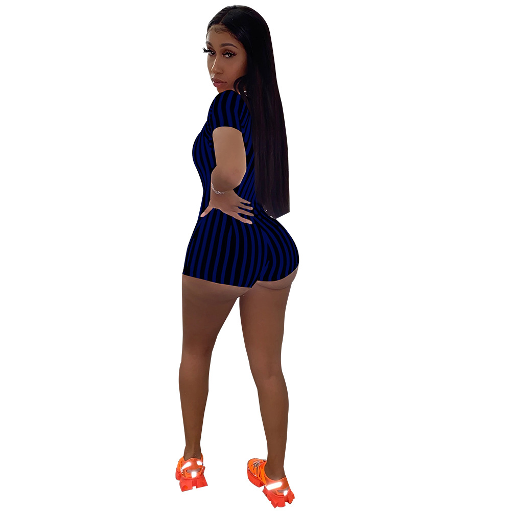 Summer 2022 European and American Foreign Trade Women's Clothing Deep V African Sexy Sports Striped Short Sleeve Tight Shorts Zipper Jumpsuit Summer 2022 European and American Foreign Trade Women's Clothing Deep V African Sexy Sports Striped Short Sleeve Tight Shorts Zipper Jumpsuit