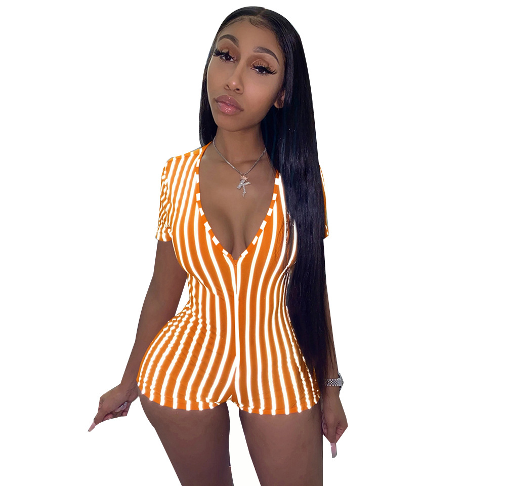 Summer 2022 European and American Foreign Trade Women's Clothing Deep V African Sexy Sports Striped Short Sleeve Tight Shorts Zipper Jumpsuit Summer 2022 European and American Foreign Trade Women's Clothing Deep V African Sexy Sports Striped Short Sleeve Tight Shorts Zipper Jumpsuit