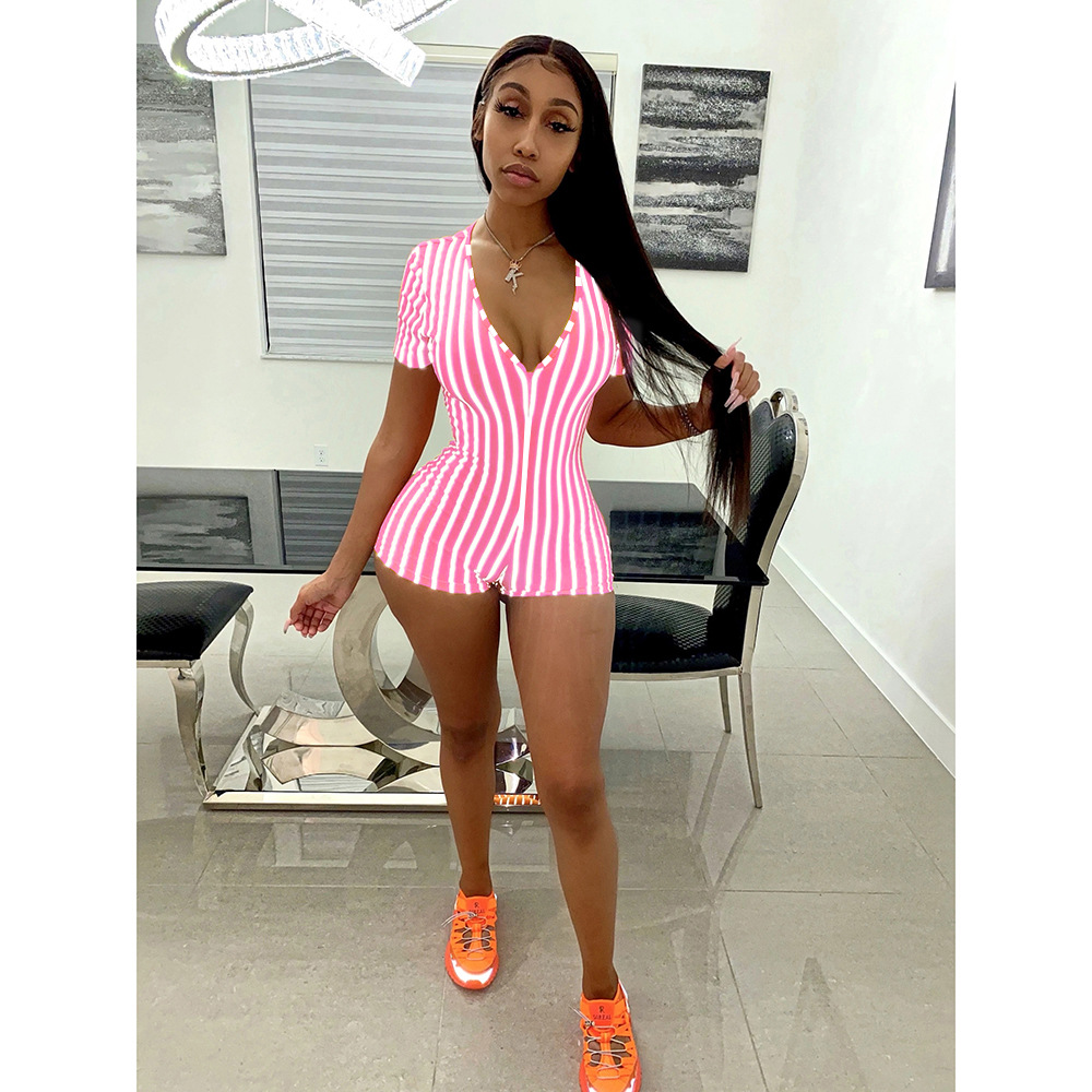Summer 2022 European and American Foreign Trade Women's Clothing Deep V African Sexy Sports Striped Short Sleeve Tight Shorts Zipper Jumpsuit Summer 2022 European and American Foreign Trade Women's Clothing Deep V African Sexy Sports Striped Short Sleeve Tight Shorts Zipper Jumpsuit