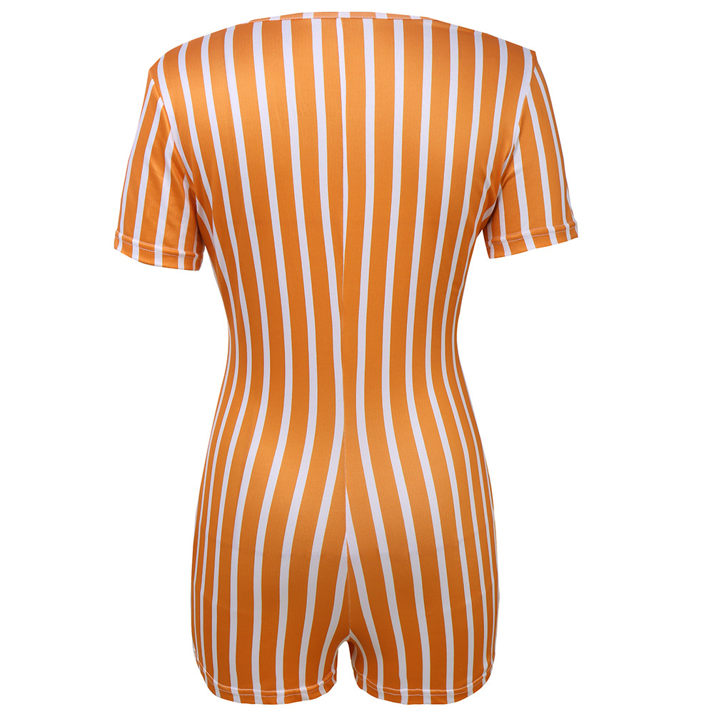 Summer 2022 European and American Foreign Trade Women's Clothing Deep V African Sexy Sports Striped Short Sleeve Tight Shorts Zipper Jumpsuit Summer 2022 European and American Foreign Trade Women's Clothing Deep V African Sexy Sports Striped Short Sleeve Tight Shorts Zipper Jumpsuit